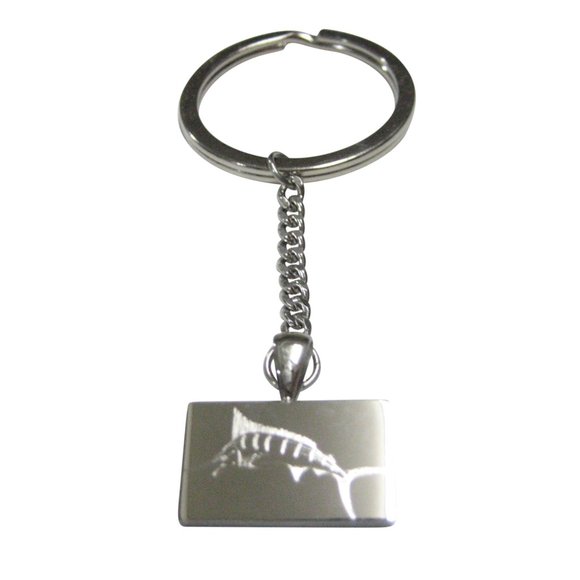 Silver Toned Rectangular Etched Sailfish Marlin Fish Pendant Keychain - Picture 1 of 2